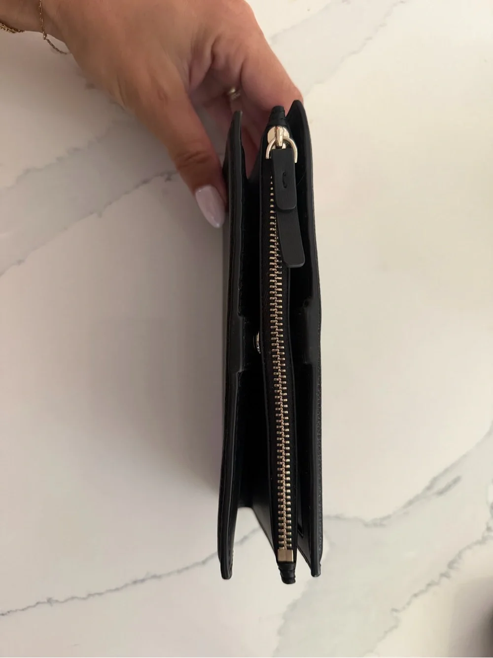 kate spade Black Leather Zip-Around Wallet with Gold Logo